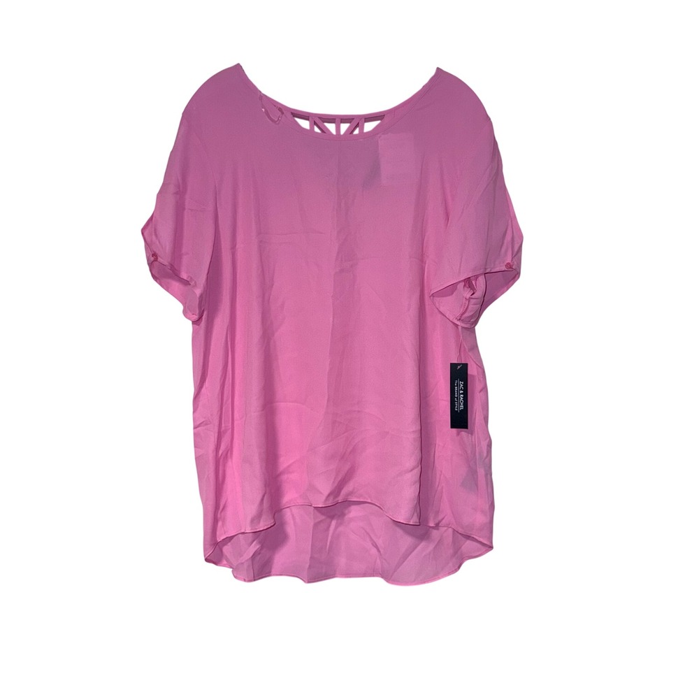 Zac‎ & Rachel Blouse Womens XL Pink Polyester Short Sleeve Lattice Back Top NWT